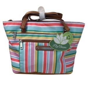 Lily Bloom Striped Tote Bag Recycled Material Multicolor With Brown Handles & Fl